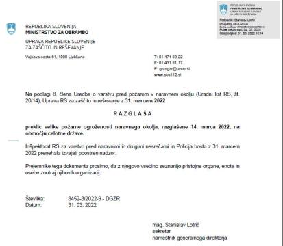 PREKLIC VELIKE POŽARNE OGROŽENOSTI